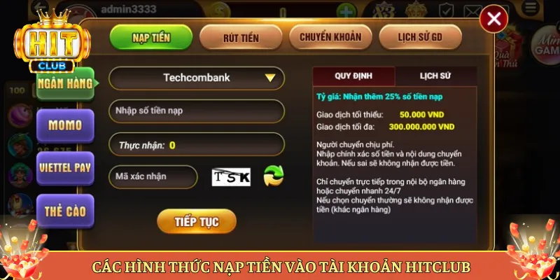 Các Hình Thức Nạp Tiền Vào Tài Khoản Hitclub